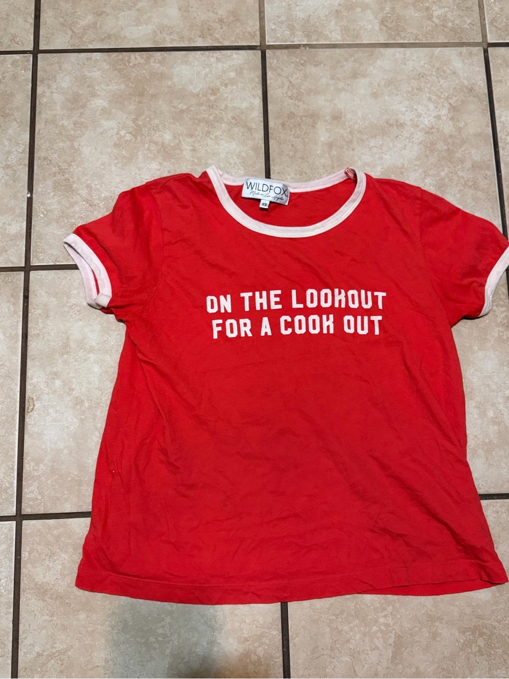 Wildfox ringer t-shirt featuring the phrase "On the Lookout for a Cookout"